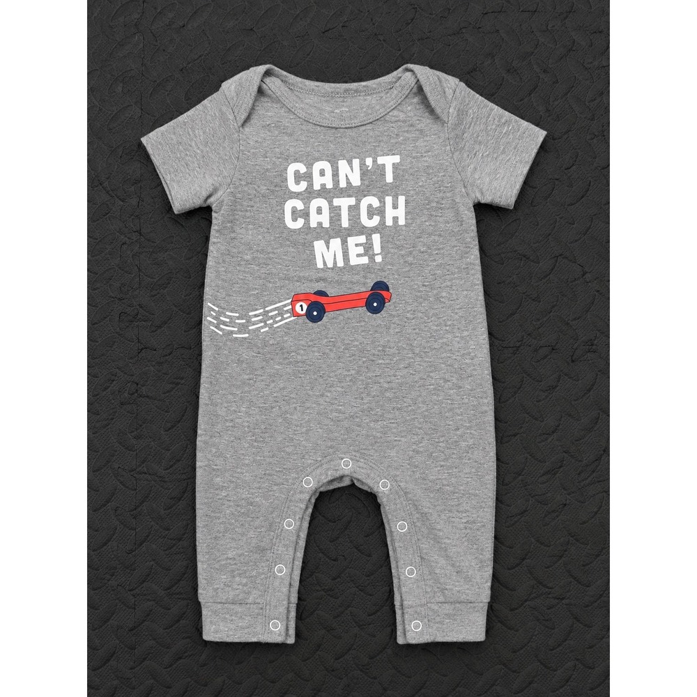 Cat & Jack Baby Boys Gray Cant Catch Me Race Car Romper 3-6M Short Sleeve